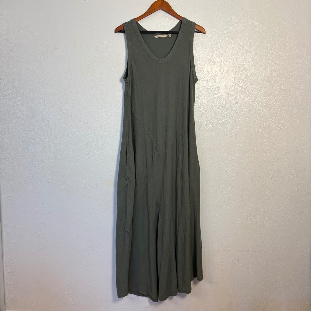 Soft Surroundings Maxi Dress L Olive Green Pointelle Boho Sleeveless MSRP $98